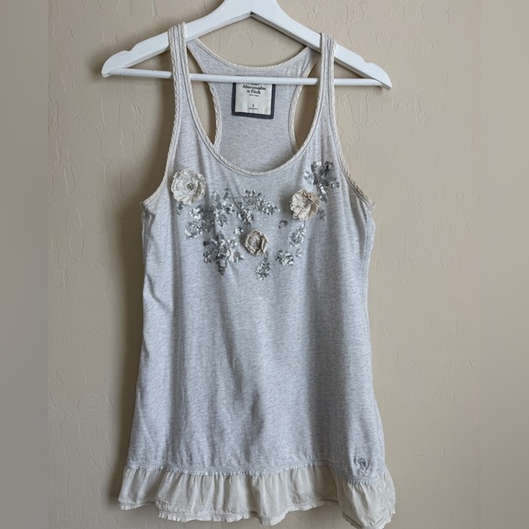 A&F Y2K Tank Top Tunic Racerback Sequin Cotton Beaded Flower Appliqué Small - Picture 1 of 10